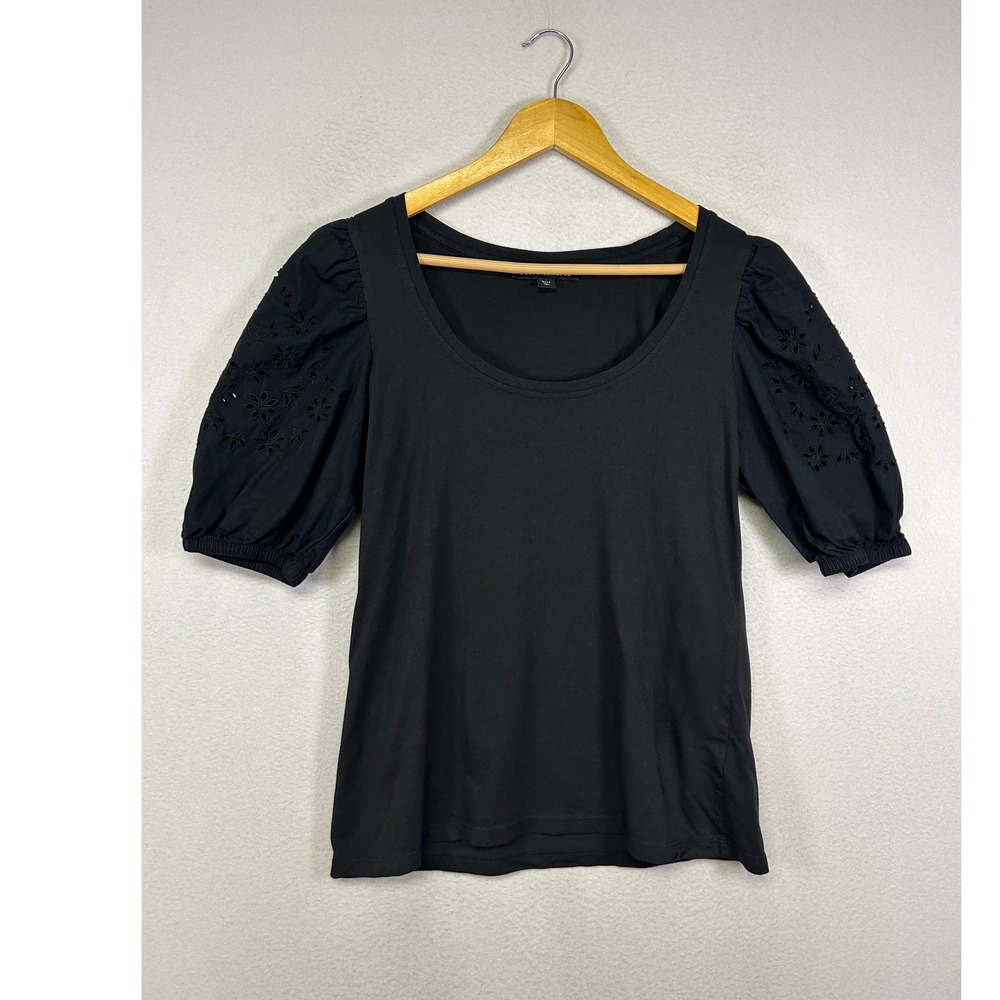 Victorian Romantic Boston Proper Women Size S Black Eyelet Puff Sleeve Scoop Top
